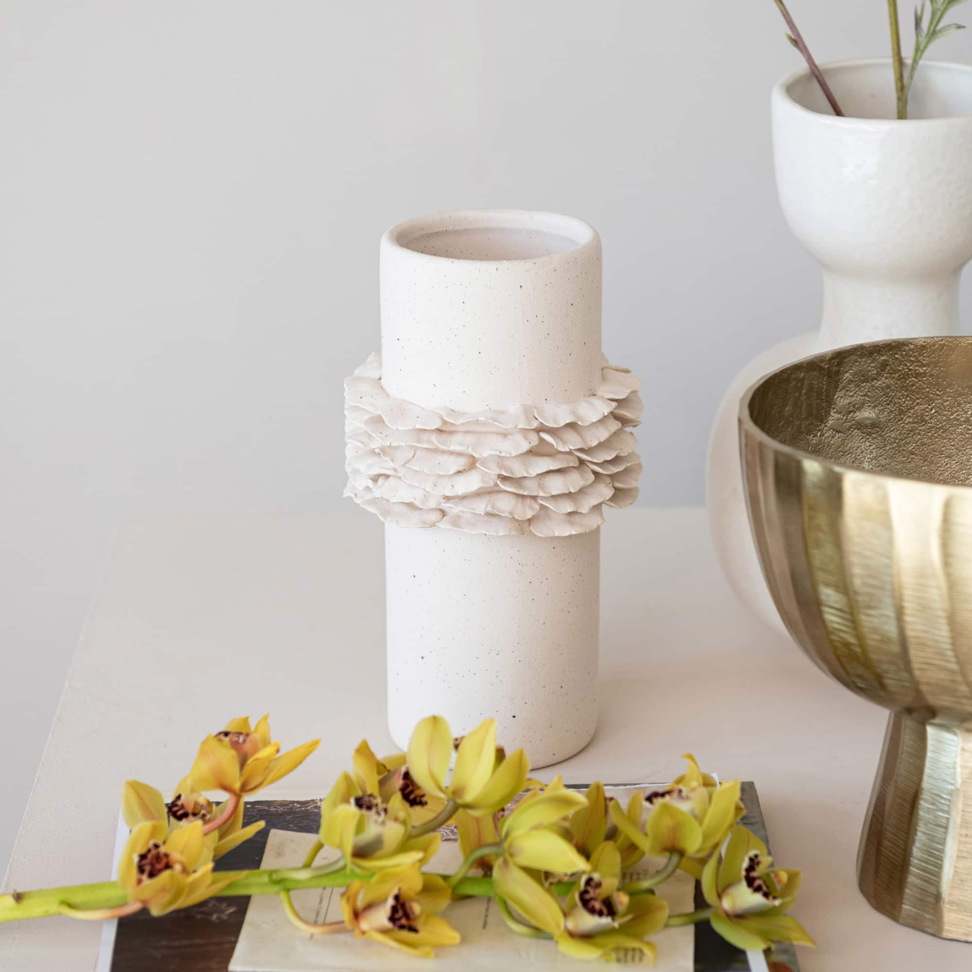 Hello Honey® 10" Matte Cream Ruffled Elegance Stoneware Vase